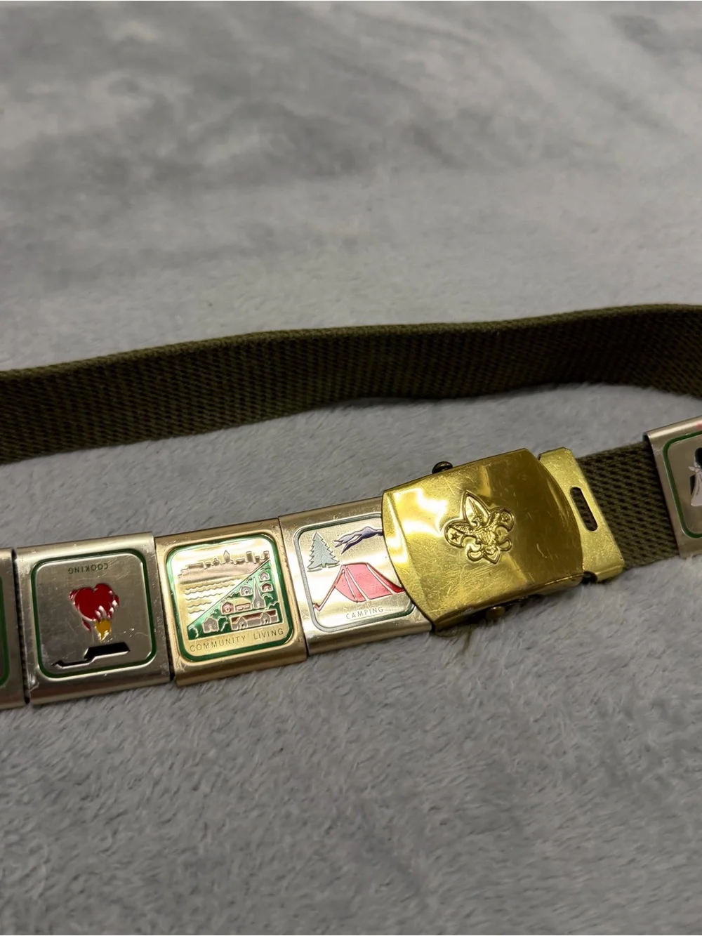 Vintage Boy Scouts of America Blue Web Belt Brass Buckle 9 Merit Badge Charms